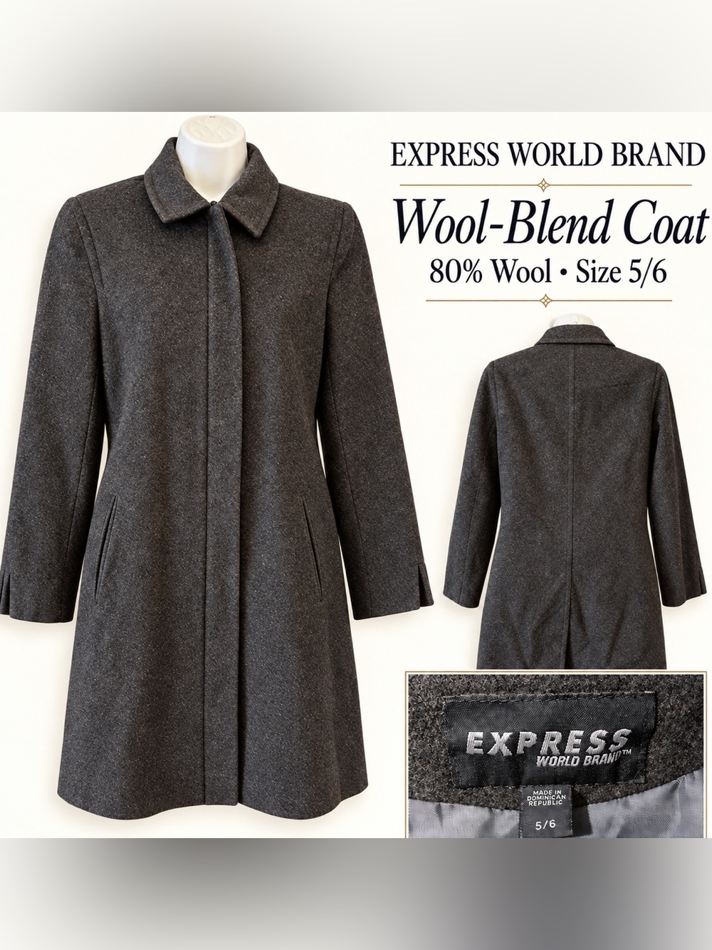 Express World Brand Wool Blend Coat Size 5/6 Longline Collared Lined